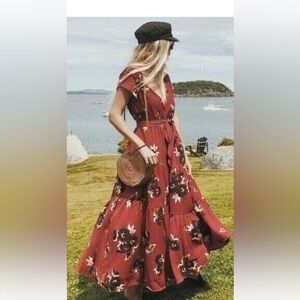 Free People All I Got Floral Maxi Dress Size 8 Red Boho Wrap Style Flowy Festiva